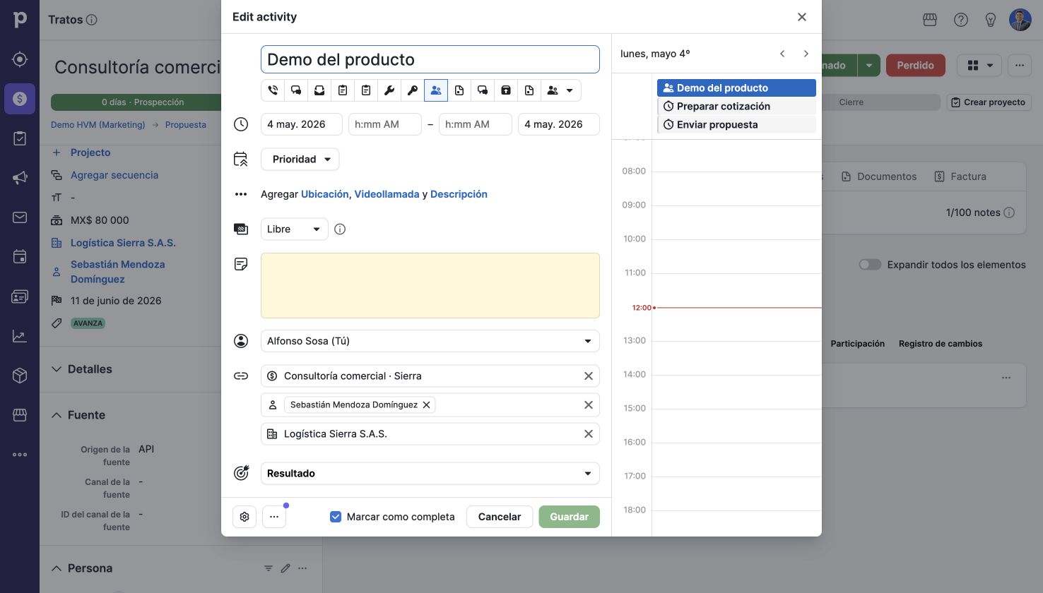 Revisión de responsables y relaciones. Pipedrive en una cuenta de demostración.